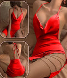 Lingerie made of satin with metal chains on one side and an open back