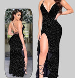 Long dress made of Lycra and lace, open on one side and open back