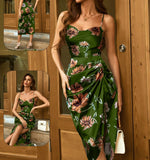 Dress made of floral satin, open on one side