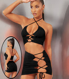 Two-piece lingerie made of Lycra with a tie on one side - open back