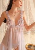 Lingerie made of chiffon, open in the front, with ruffles at the shoulders