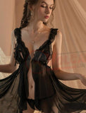 Lingerie made of chiffon, open in the front, with ruffles at the shoulders