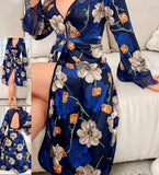 A long robe made of floral satin with lace at the chest and back - with an opening at the back