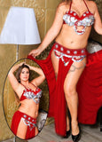 A belly dancing suit made of chiffon with embroidery of shiny metal rings