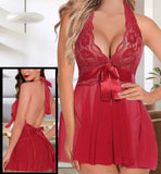 Lingerie made of chiffon with lace at the chest - with a satin ribbon around the middle - open back