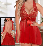 Lingerie made of chiffon with lace at the chest - with a satin ribbon around the middle - open back