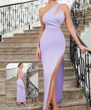 A long dress made of cotton Lycra, open on one side and with a single shoulder strap
