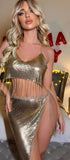 Lingerie made of disco leather with metal strings at the abdomen and metal chains around the middle and one side