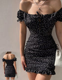 Home dress made of dotted cotton - off-shoulder with a ruffled tail