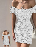 Home dress made of dotted cotton - off-shoulder with a ruffled tail
