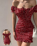 Home dress made of dotted cotton - off-shoulder with a ruffled tail