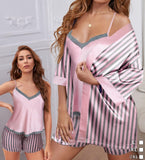 Three-piece pajama made of satin with a lengthwise striped pattern