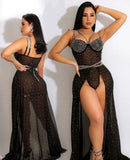 Two-piece lingerie consist of extension and jumpsuit made of chiffon embroidered with shiny sequins