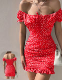 Home dress made of dotted cotton - off-shoulder with a ruffled tail