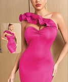 Short dress made of Lycra with ruffles at the shoulder