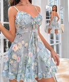 Short lingerie made of floral chiffon with ruffles at the tail and around the chest