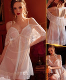 Lingerie made of chiffon with lace at the chest and shoulders and a ruffled tail