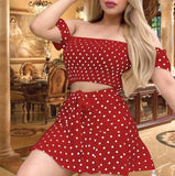 Two-piece house dress made of dotted cotton with elastic at the chest - off-shoulder