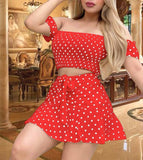 Two-piece house dress made of dotted cotton with elastic at the chest - off-shoulder