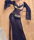 Chiffon dance abaya, open from the sides, with embroidery of shiny beads and pearls