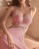 Lingerie made of satin with lace at the chest and open in the middle