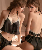 Two-piece lingerie made of satin with open back