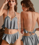 Two-piece lingerie made of satin with open back