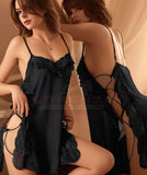 Lingerie made of satin with open sides and lace on the sides and chest