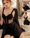 Two-piece lingerie made of satin and chiffon at the stomach and ruffles at the shoulders