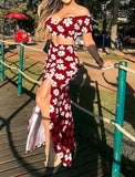 Two-piece cotton Lycra  off-the-shoulder dress - with a floral print - with a front opening in the skirt