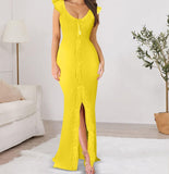 Long dress made of Lycra butter with ruffles in the front