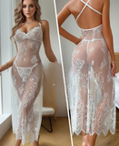 Two-piece long lingerie made of tulle and lace with an open back