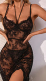 Two-piece lingerie made of lace with an opening on one side