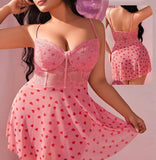 Two-piece lingerie made of chiffon with a heart print and lace on the chest and stomach