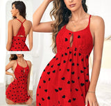 House cash is made of chiffon with lace at the chest and back with a heart print