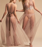 Two-piece lingerie made of tulle with lace at the middle