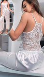 Two-piece pajama made of satin with lace at the back