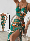 Two-piece dress made of floral Lycra - open on one side with a ruffle tie