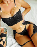 3-piece lingerie made of Joubert with metal chains at the chest and abdomen