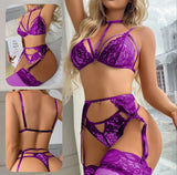 Three-piece lingerie made of lace with long chiffon socks