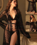 Three-piece lingerie consisting of Lycra bra,  underwear and a dotted tulle robe with lace