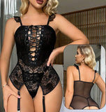 Two-piece lingerie made of lace and chiffon from back with a satin tie at the chest and a long net socks