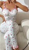 Two-piece pajama made of ribbed cotton with ruffles around the chest - with strawberry print