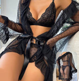 Three-piece lingerie consisting of a bra made of lace and a robe and underwear made of dotted tulle