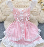 Two-piece lingerie made of chiffon with ruffles at the tail and ties at the sides