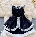 Two-piece lingerie made of chiffon with ruffles at the tail and ties at the sides