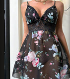 Two-piece lingerie made of floral chiffon with lace around the chest and sleeves