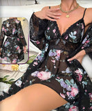 Two-piece lingerie made of floral chiffon with lace around the chest and sleeves