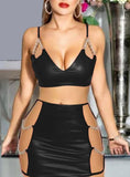 Two-piece lingerie made of leather - with metal chains on the sides and shoulders