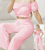 Two-piece pajamas made of  cotton- off-shoulder